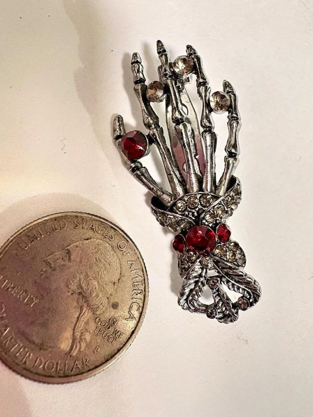 Silver tone Skeleton Hand Brooch with Red and Clear rhinestones